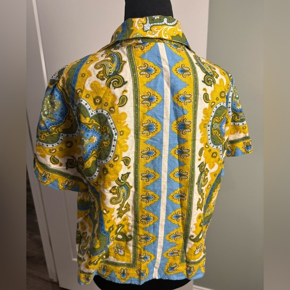Haute hippie short sleeve collared linen blend bright paisley top - Picture 4 of 8